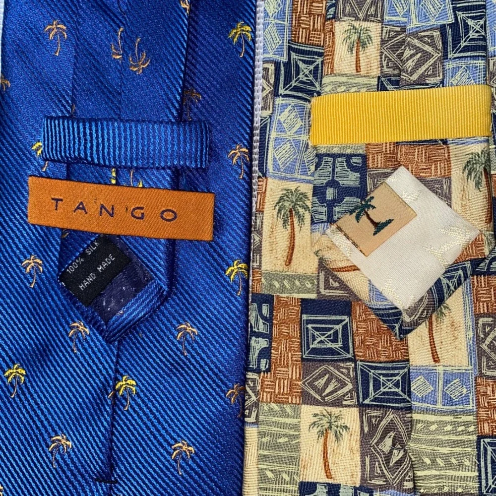 Tango Tommy Bahama Silk Tie Bundle 2pc Blue Palm Tree Patchwork Tropical Vintage